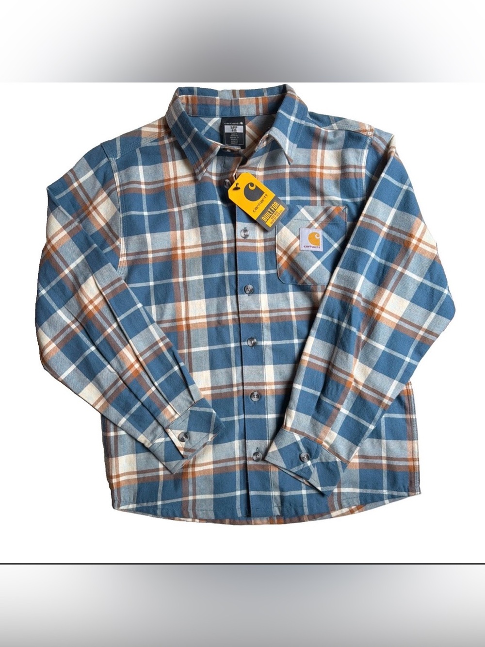 Carhartt Flannel Shirt Youth 8-10 Blue plaid collared NWT